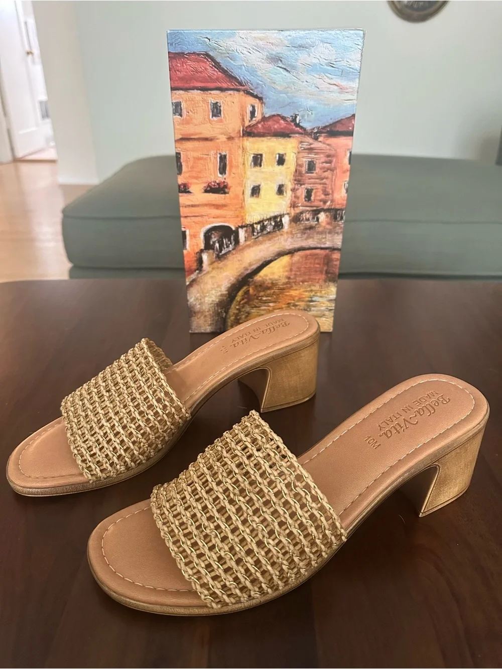 Bella Vita Woven Mule Sandals in Natural Tan & Gold